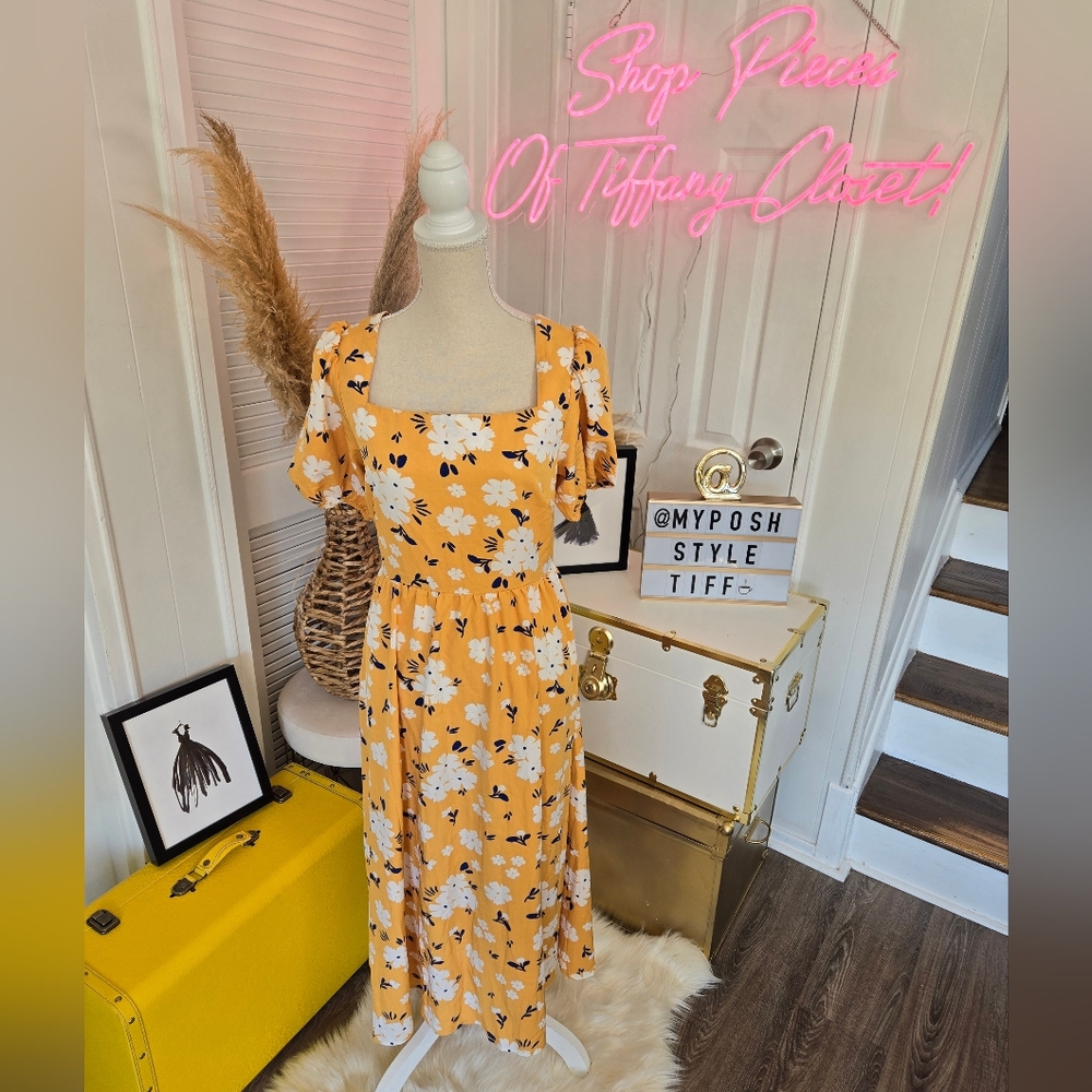 BEAUTIFUL MUSTARD YELLOW MIDI DRESS WITH WHITE FLORAL PATTERN 🌼💮